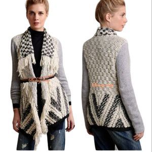 MOTH Gray and Cream Fringed Cardigan Sweater Medium Anthropologie